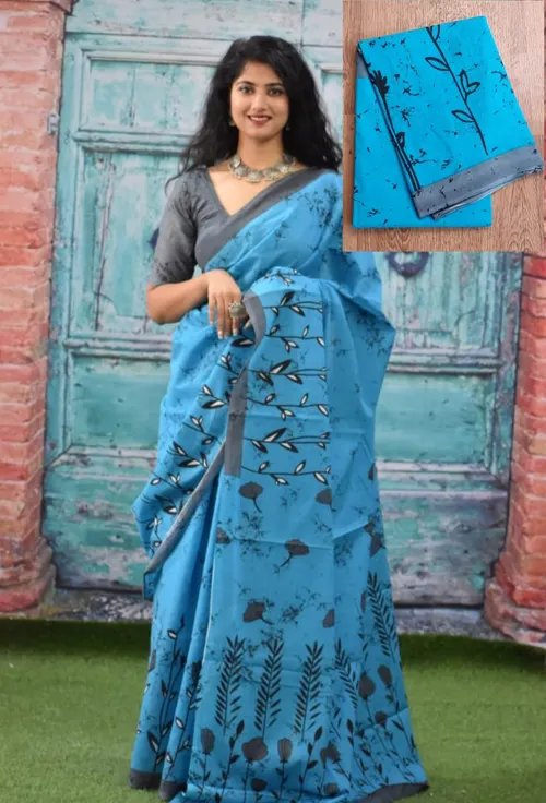 Indigo Blue Batik Print Pure Cotton Saree | Jaipur Daily Wear