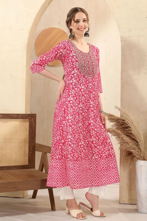 Pink Jaipuri Cotton Print Anarkali For Women With Zari Embroidery
