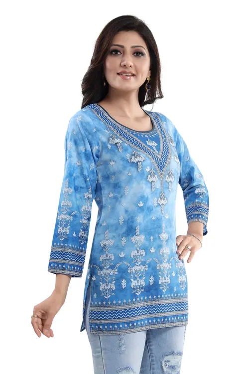 Novelista Sky Blue Faux Crepe Printed Short Kurti Tunic Top