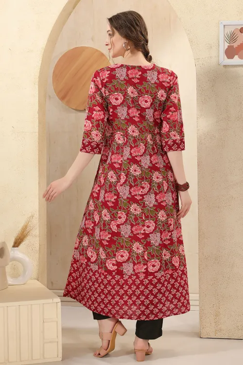 Maroon Jaipuri Cotton Print Anarkali For Women With Zari Embroidery