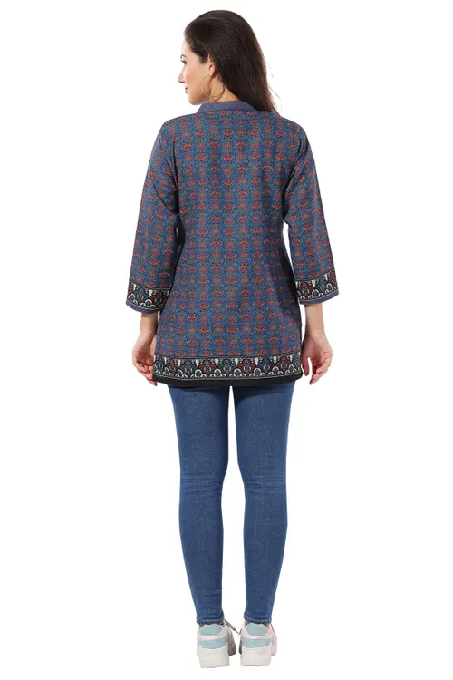 Blue Flex Cotton Designer Short Tunic Top