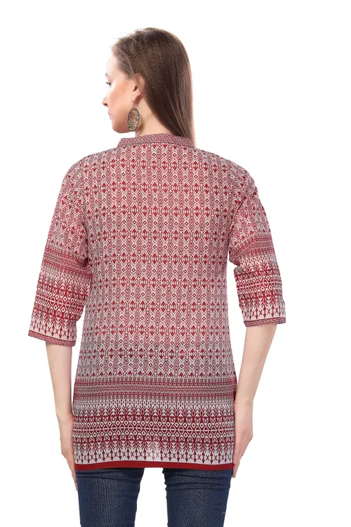 Red Blossom Cotton Print Mandarin Collar Short Tunic