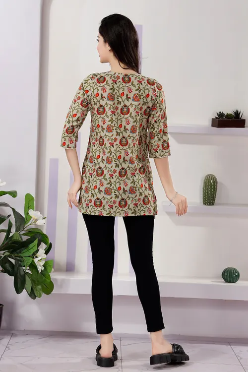 Elegant Pista Flex Cotton V Neck Kurti with Intricate Thread Work