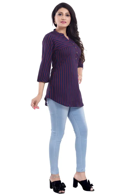 Elementary Blue and Red Striped Polyester Crepe Short Tunic Top for Women