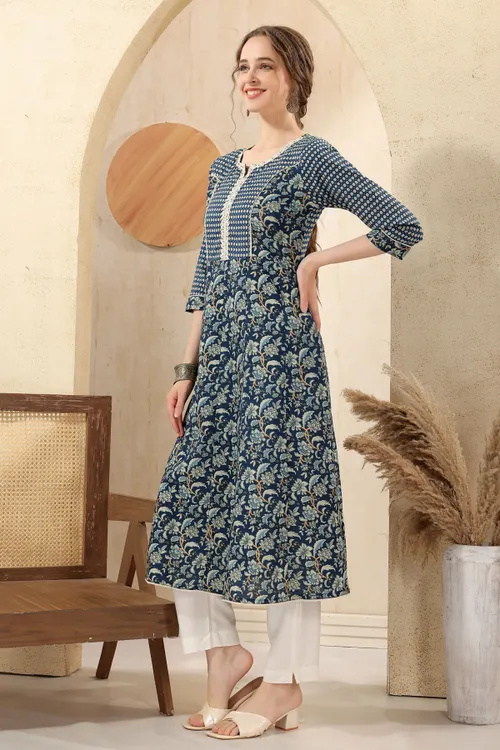 Blue Jaipuri Cotton Print Anarkali For Women With Laces Embellishment