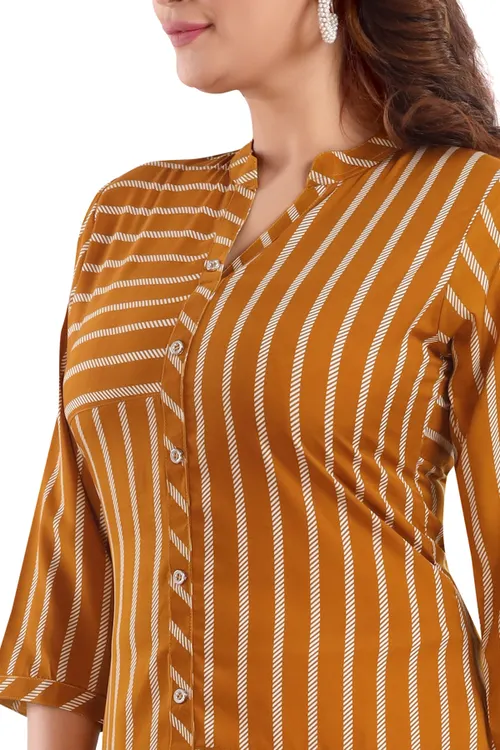 Chic Mustard Color Button Down Polyester Crepe Short Tunic Top For Women