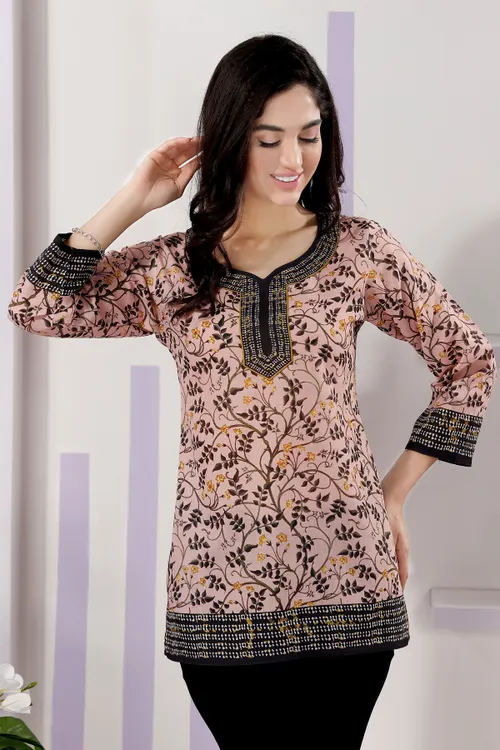 Elegant Peach Floral Print Cotton Short Kurti with Round Neck