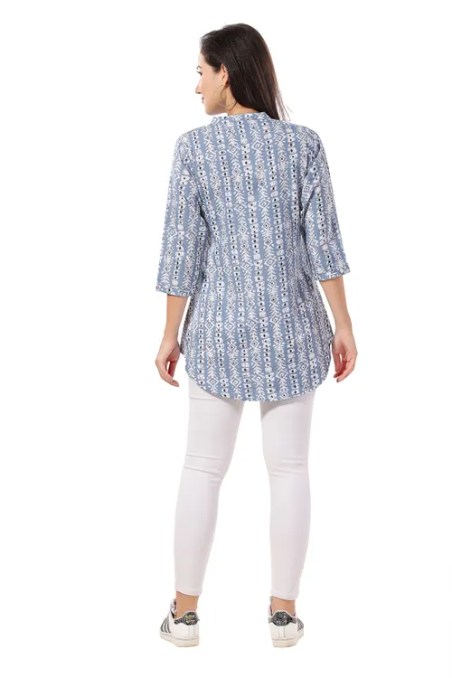 Blue Poly Crepe Short Tunic Top For Everyday Wear