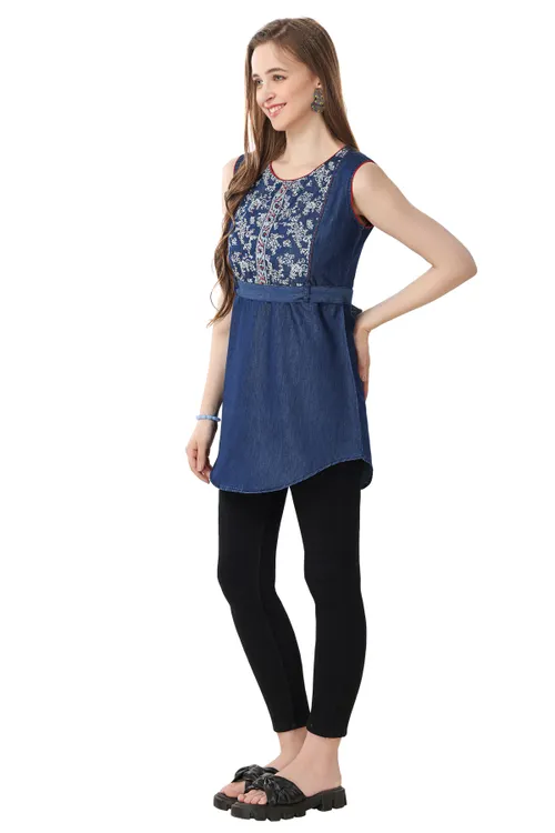 Stylish Blue Denim Sleeveless Tunic with Designer Yoke and Belt