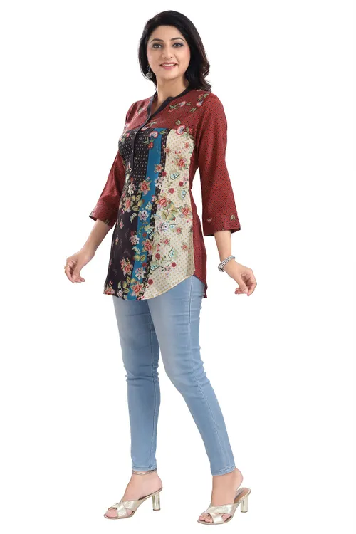 Designer Faux Crepe Printed Short Kurti Tunic Top
