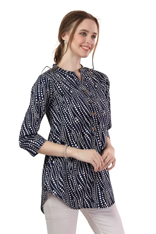 Blue Faux Crepe Tunic with Stylish Print