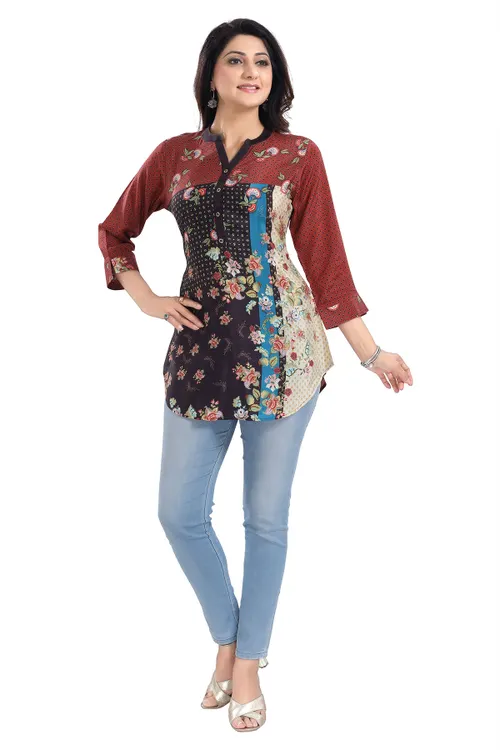 Designer Faux Crepe Printed Short Kurti Tunic Top