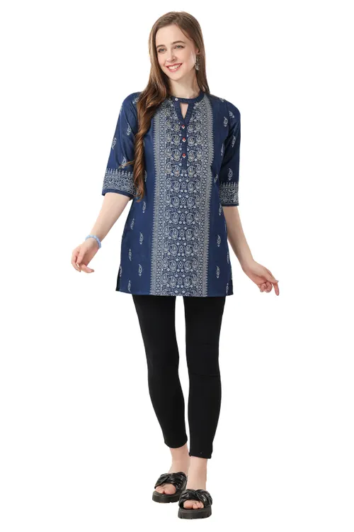 Denim Blue Tunic With Beautiful Print And Thread Work