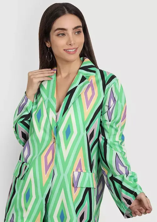 Electric Mirage Blazer – Geometric Green Statement Jacket
