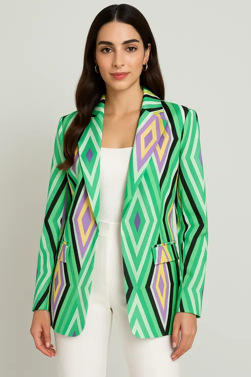 Electric Mirage Blazer – Geometric Green Statement Jacket