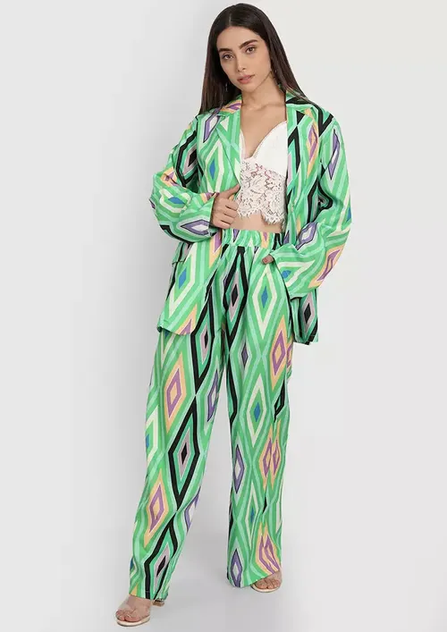 Electric Mirage Blazer – Geometric Green Statement Jacket