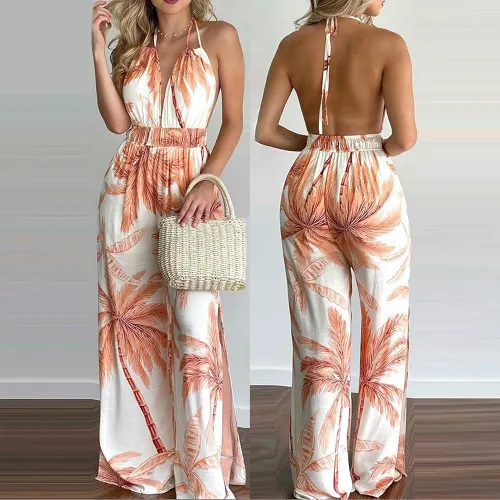 Tropical Tease Halter Jumpsuit – Palm Print Edition