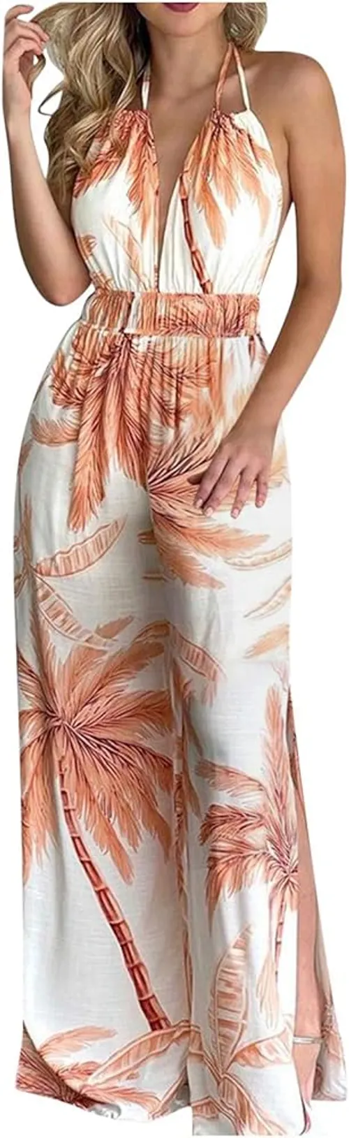Tropical Tease Halter Jumpsuit – Palm Print Edition