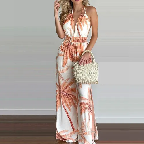 Tropical Tease Halter Jumpsuit – Palm Print Edition