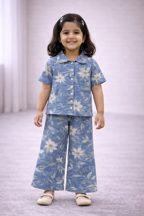 Denim Floral Collar Coord POLO