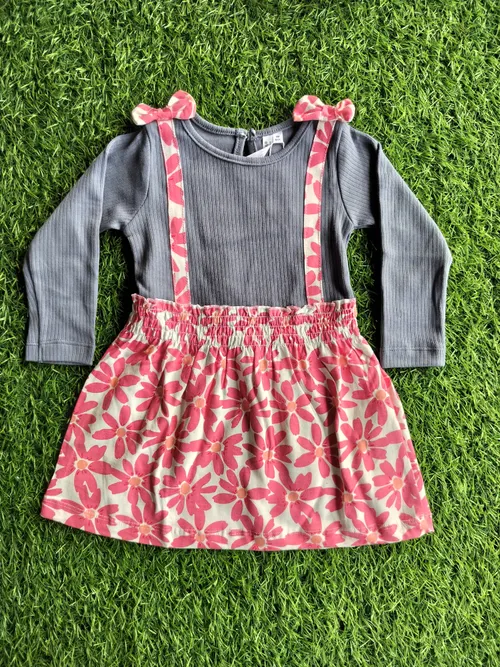 Grey_Pink Floral Full Sleeve Frock FSF003