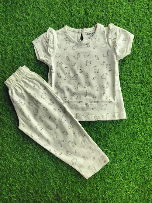 White_Animal Fancy Sleeve Pant Sets PFS10