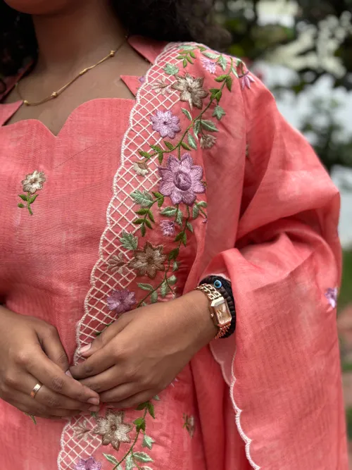Orange Tissue Silk Embroidery Work Kurti With Dupatta
