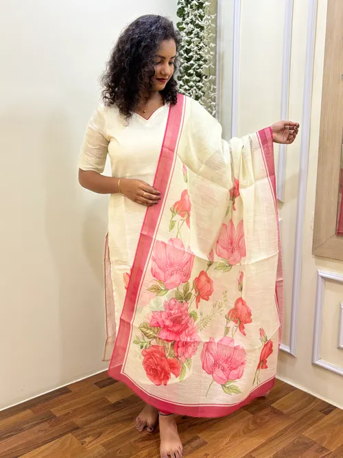 Half White Shimmer Linen Kurti with dupatta