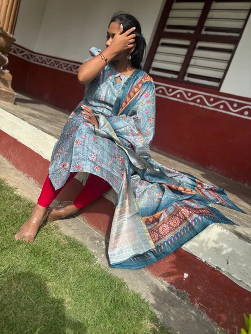 Chanderi Blue Kurti with dupatta