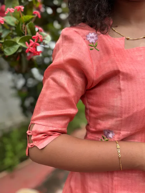 Orange Tissue Silk Embroidery Work Kurti With Dupatta