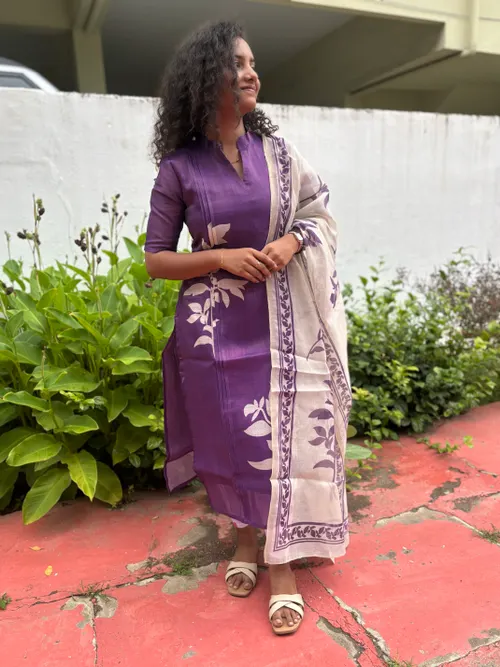 Purple Shimmer Linen Kurti with Dupatta
