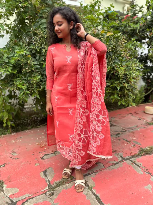 Tomato Red Cut Work Kurti With Dupatta