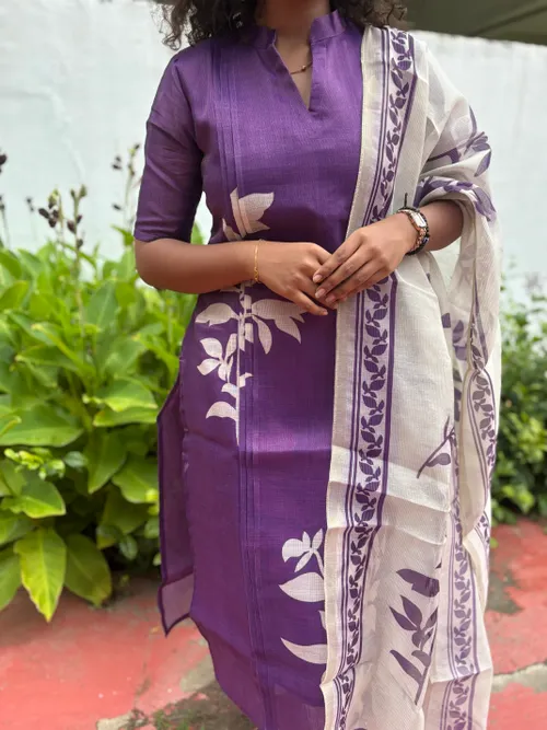 Purple Shimmer Linen Kurti with Dupatta