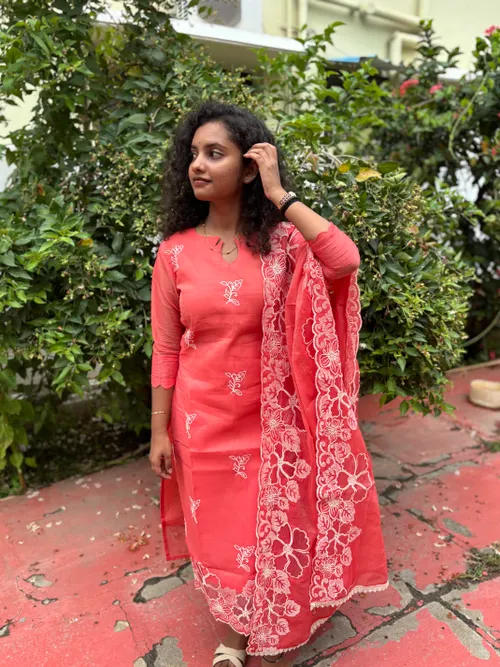 Tomato Red Cut Work Kurti With Dupatta