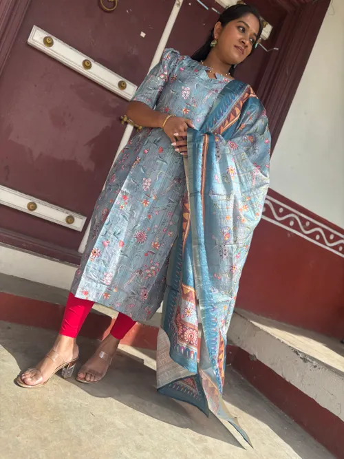 Chanderi Blue Kurti with dupatta