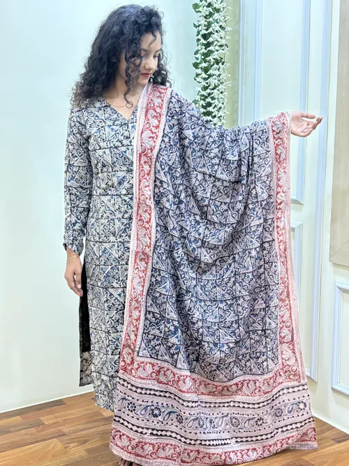 Black Kalamkari Handblock Printed Kurti With Dupatta