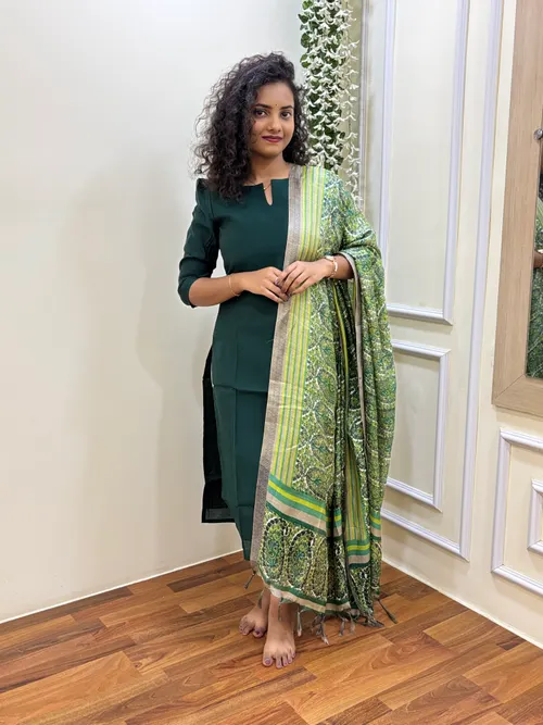 Muslin Green Kurti With Kalamkari Dupatta