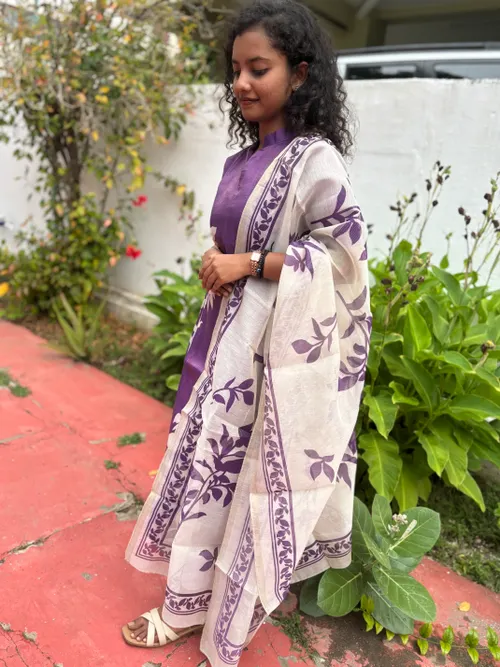 Purple Shimmer Linen Kurti with Dupatta