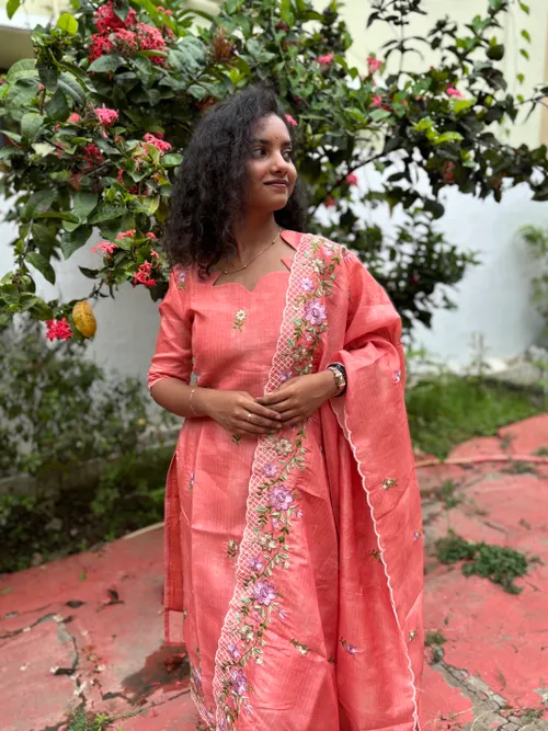 Orange Tissue Silk Embroidery Work Kurti With Dupatta