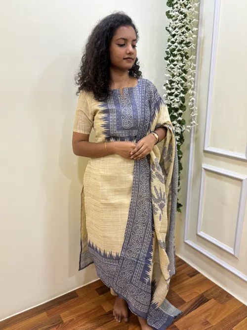 Khadi printed Blue 3 Piece Suit