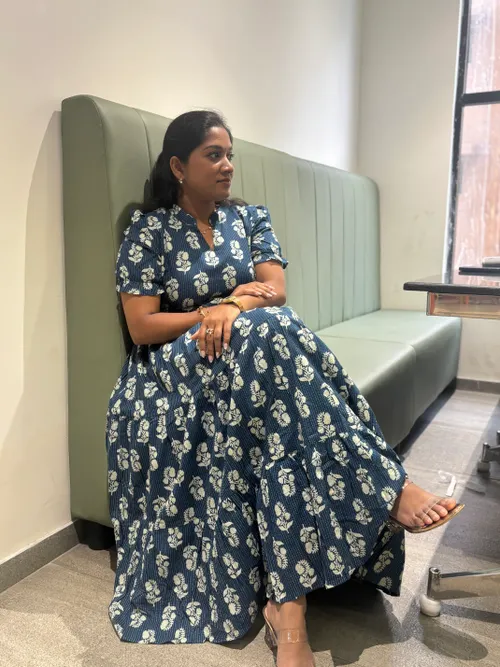 "Blue Bloom" Ink Blue Kantha Cotton 3 tier Maxi