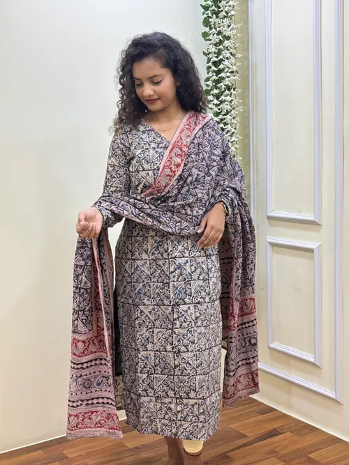Black Kalamkari Handblock Printed Kurti With Dupatta