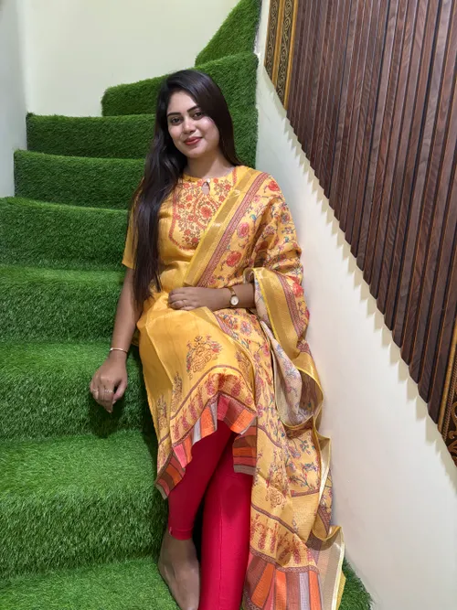 Mustard Yellow Kota Kurti With Dupatta