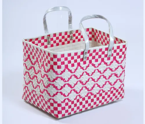 Pink with White double Weave Standard Lunch Bag | Handmade Multipurpose Chettinad Basket 