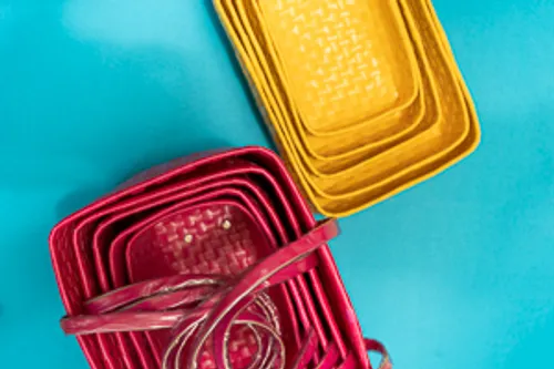 Chettinad baskets Pink with Yellow motifs  set of 5 with lids