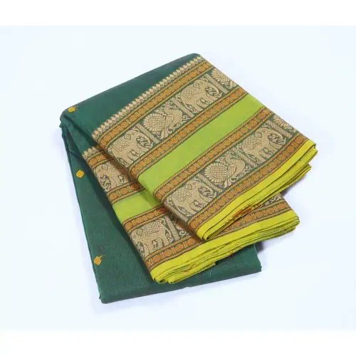 Women's Chettinad Cotton Sarees - 80s count Latest Copper Zari Border Putta Saree With Blouse (DARK GREEN)