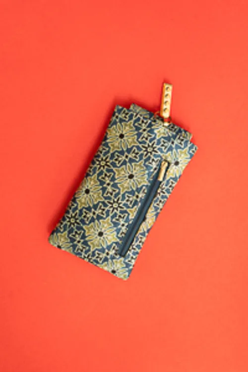 Ajrakh Print Silk Mobile Phone Pouch With Saree Hook