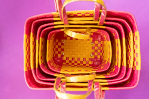 Pink and Yellow Regular Weave Chettinad Open Baskets Set of 5