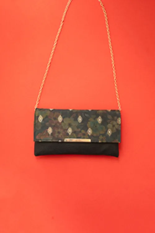 Black Silk Sling Bag In Ajrakh Print With Zari