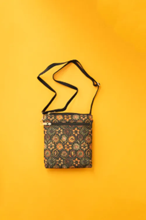 Ajrakh Print silk sling bag in Black 